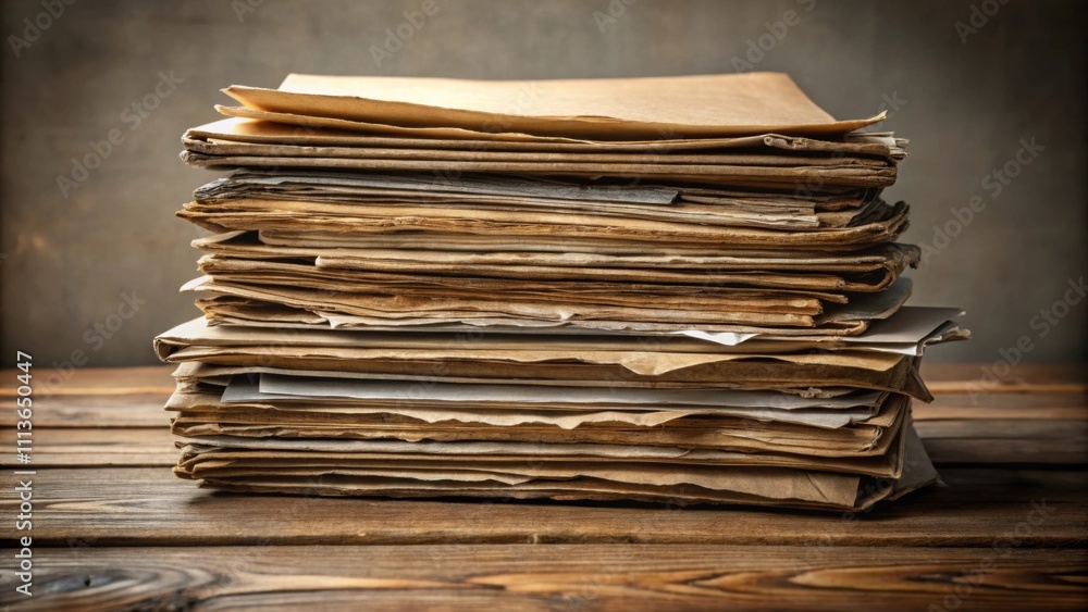 Old weathered folder with a stack of disorganized papers, documents, paperwork, filing, chaos, disarray, vintage, aged Old weathered folder with a stack of disorganized papers, documents, paperwork, filing, chaos, disarray, vintage, aged