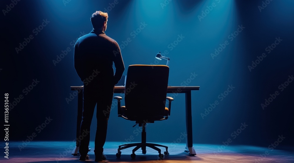 Silhouette of a man contemplating in a dark room, spotlight on an empty chair. Silhouette of a man contemplating in a dark room, spotlight on an empty chair.