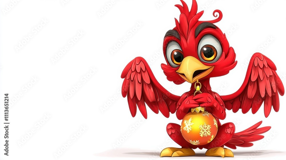 Cute Cartoon Red Parrot Bird Character Holding Golden Christmas Ball Ornament Cute Cartoon Red Parrot Bird Character Holding Golden Christmas Ball Ornament