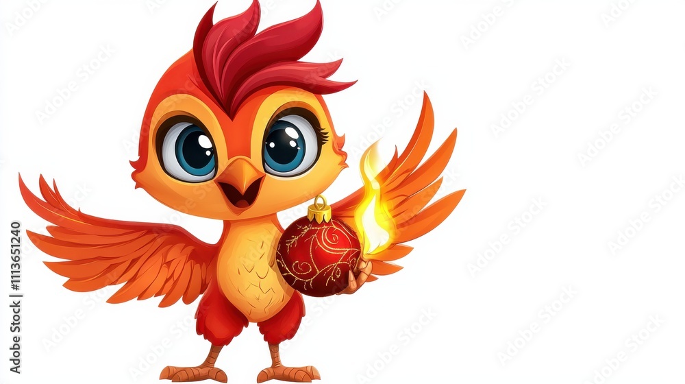 Cute cartoon parrot holding a Christmas ornament with vibrant red and orange feathers Cute cartoon parrot holding a Christmas ornament with vibrant red and orange feathers