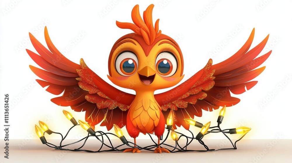 Obraz premium Cute Animated Red Bird Perched on Tree Branch with Spread Wings
