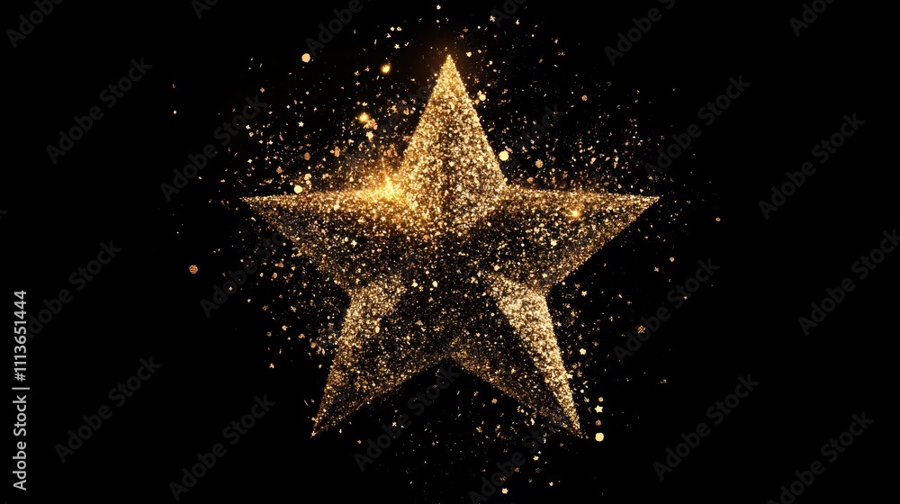 Isolated star-shaped power-up explosion with golden particles on a solid black background Isolated star-shaped power-up explosion with golden particles on a solid black background