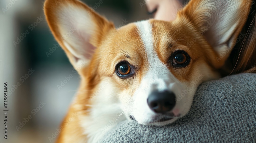 Adorable corgi being held by owner at vet clinic, capturing pet health care moments with focus Adorable corgi being held by owner at vet clinic, capturing pet health care moments with focus