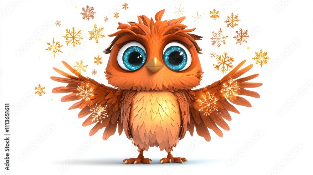 Fototapeta premium Adorable Cartoon Owl with Colorful Feathers and Wide Eyed Expression