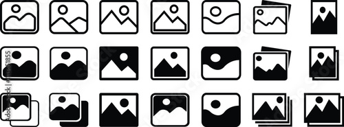 Image gallery icon set. silhouette of an image, Photo album icon, Photo gallery icon, Image symbol, Picture signs. Vector illustration on isolated transparent background, editable stock.