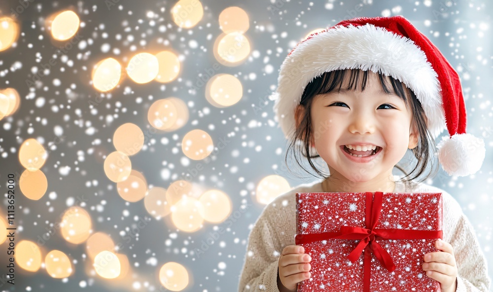 Christmas festive holiday concept. A joyful child in a Santa hat holds a gift against a festive, sparkling background. Christmas festive holiday concept. A joyful child in a Santa hat holds a gift against a festive, sparkling background.