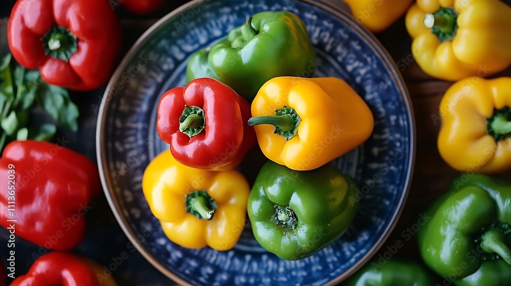 Colorful Bell Peppers on a Blue Plate Colorful Bell Peppers on a Blue Plate