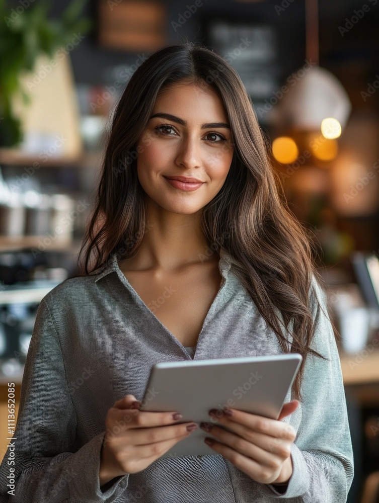 Smiling Woman Holding Tablet at Coffee Shop