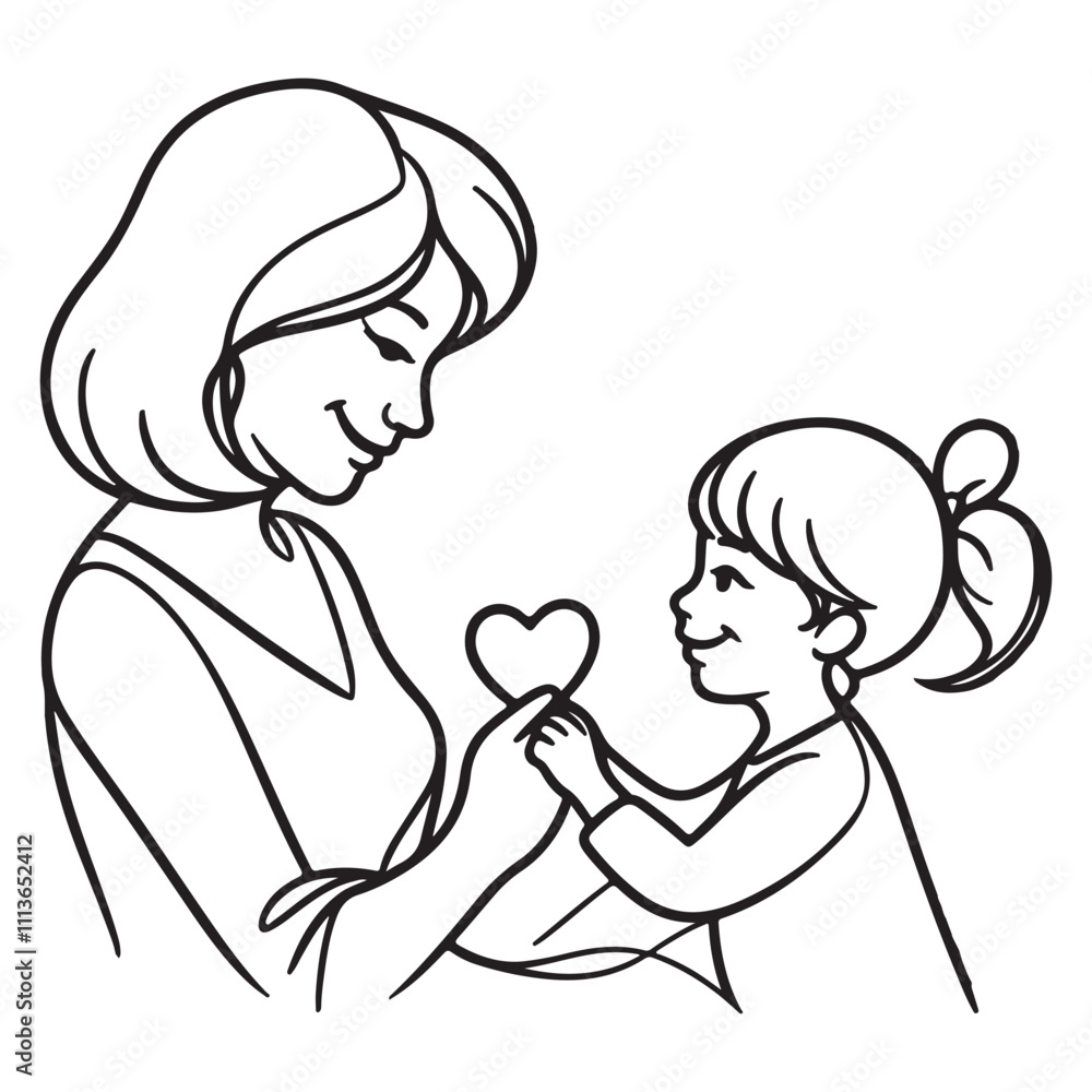 One continuous single drawing black line art doodle of a child giving a heart shaped card to their mother on happy holiday concept One continuous single drawing black line art doodle of a child giving a heart shaped card to their mother on happy holiday concept