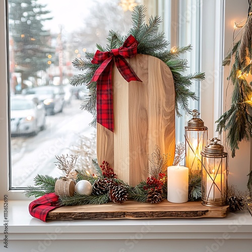 Christmas festive holiday concept. Cozy winter decor with greenery, candles, and a rustic wooden centerpiece on a window sill.
