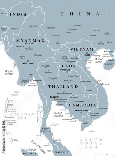 Mainland Southeast Asia, northern part of formerly known Indochina, gray political map. The countries Thailand, Vietnam, Myanmar, Laos, and Cambodia, with borders, their capitals and largest cities.