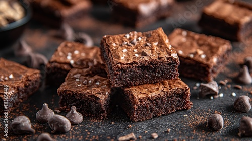 Stack of gooey chocolate brownies with nuts on a rustic burlap mat. Cozy and rich dessert setting for National Brownie Day celebration. photo