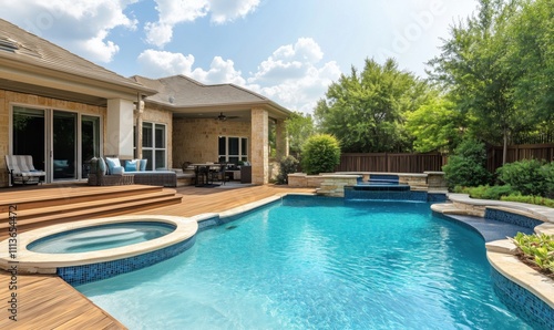 Luxurious backyard pool area with spa, wooden deck, and lush landscaping. Bright sunny day enhances outdoor living space.