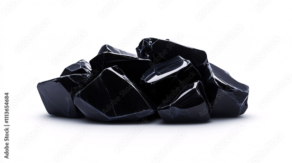 A stunning close-up of natural obsidian stones showcasing their glossy black surfaces and unique formations. On white background A stunning close-up of natural obsidian stones showcasing their glossy black surfaces and unique formations. On white background