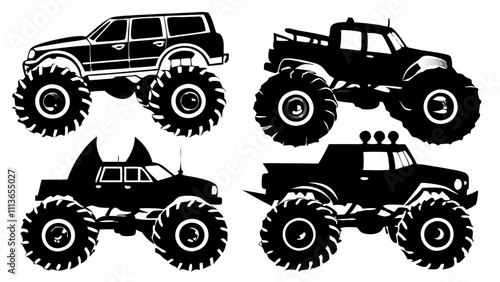 Monster Truck Silhouettes: A quartet of powerful monster truck silhouettes, showcasing diverse body styles and massive tires. Perfect for designs needing a bold, rugged aesthetic. 