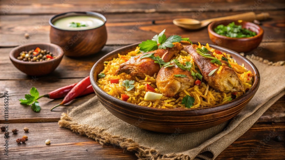 Delicious bowl of chicken biryani on a wooden table , Chicken, Biryani, Rice, Spice, Indian, Food, Delicious, Meal Delicious bowl of chicken biryani on a wooden table , Chicken, Biryani, Rice, Spice, Indian, Food, Delicious, Meal