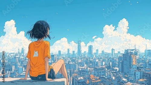 Young Woman in Yellow Shirt Looking Up at Blue Sky from Urban Rooftop