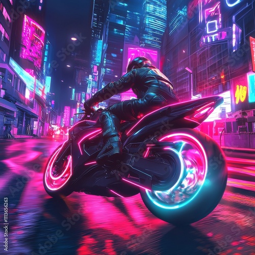 A male rider in sleek black gear rides a glowing motorcycle on a vibrant neon-lit city street at night. photo