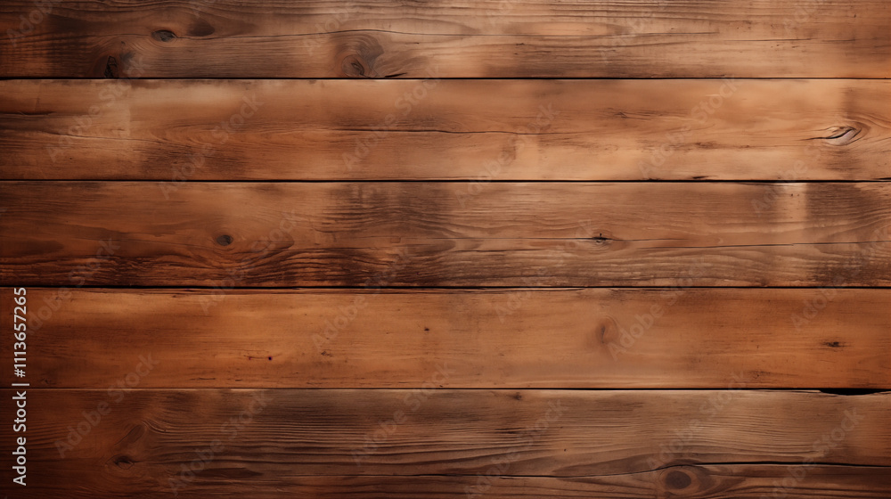 Naklejka premium A rustic wooden surface featuring a variety of brown tones and textures. The planks are arranged horizontally, showcasing natural imperfections such as knots and grain patterns, adding character.