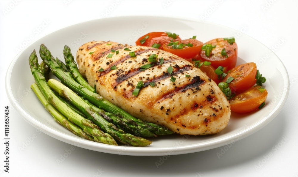Grilled chicken breast with vegetables, grilled chicken breast served with asparagus and tomatoes, garnished with herbs Grilled chicken breast with vegetables, grilled chicken breast served with asparagus and tomatoes, garnished with herbs
