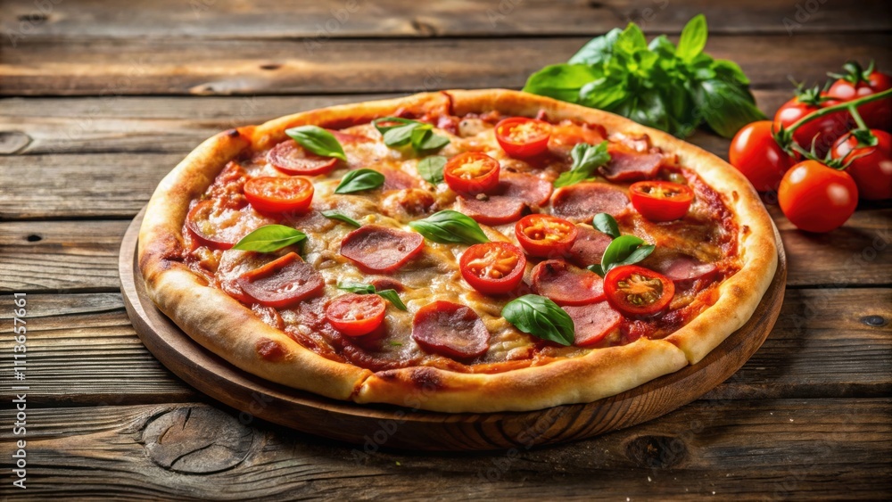 Homemade pizza with bacon, pepperoni, and assorted toppings on a rustic wooden table, pizza, homemade, bacon, pepperoni Homemade pizza with bacon, pepperoni, and assorted toppings on a rustic wooden table, pizza, homemade, bacon, pepperoni