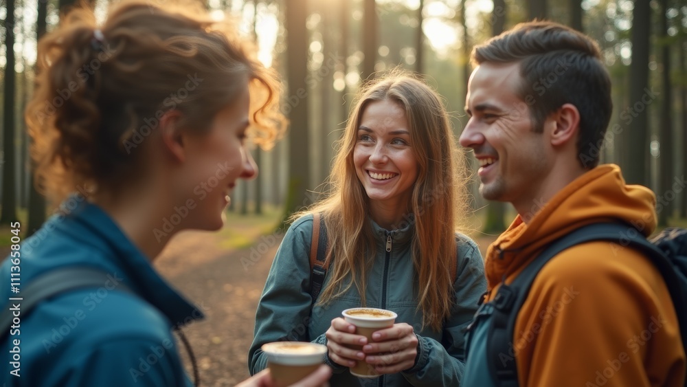 Group of Friends Enjoy Warm Drinks While Hiking in a Sunlit Forest During Autumn Group of Friends Enjoy Warm Drinks While Hiking in a Sunlit Forest During Autumn