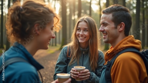 Group of Friends Enjoy Warm Drinks While Hiking in a Sunlit Forest During Autumn