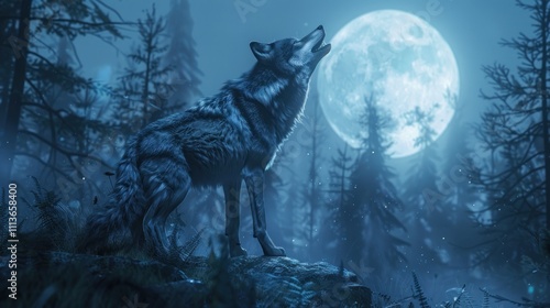 A wolf howls at a full moon in a misty forest, creating an ethereal atmosphere.