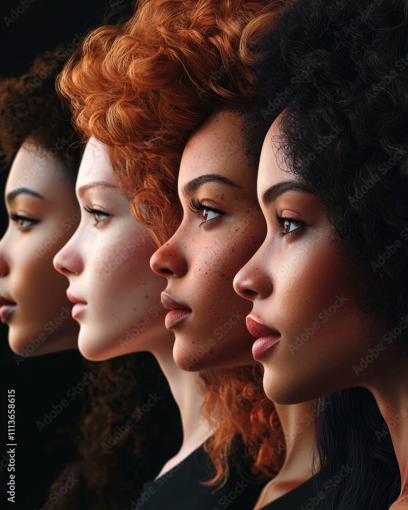 Four diverse women of varying ethnicities showcase beauty in profile, highlighting unique hairstyles and features. Four diverse women of varying ethnicities showcase beauty in profile, highlighting unique hairstyles and features.
