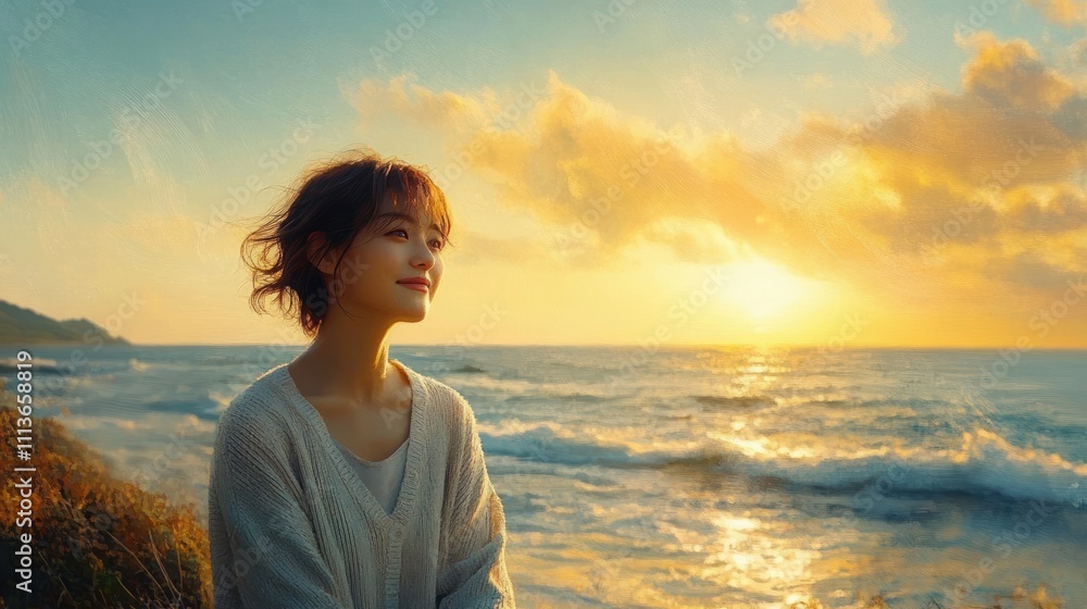 Woman Standing at the Beach with a Smile in Soft Light During Sunset Woman Standing at the Beach with a Smile in Soft Light During Sunset