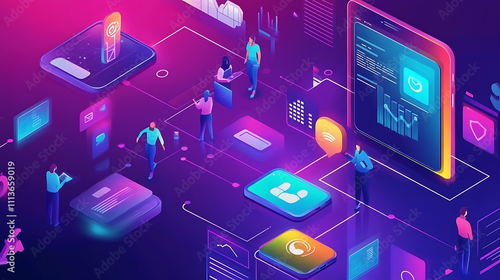 Fototapeta premium Digital Network with People Interacting with Mobile Apps