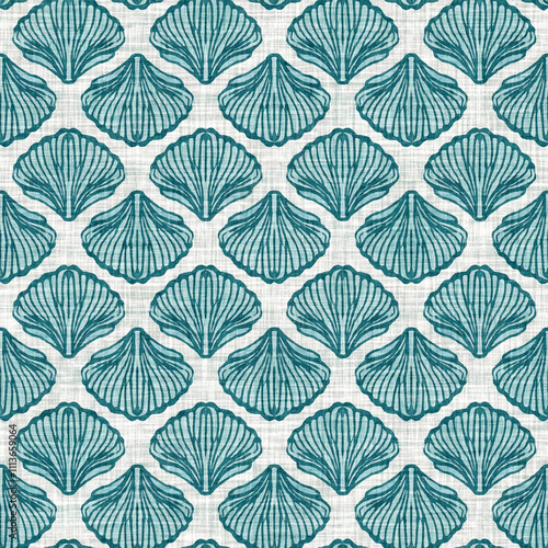 Teal turquoise blue white shell motif with linen seamless batik border background. Modern coastal beach cottage rustic shell block print home decor pattern design in sealife banner beach style. photo