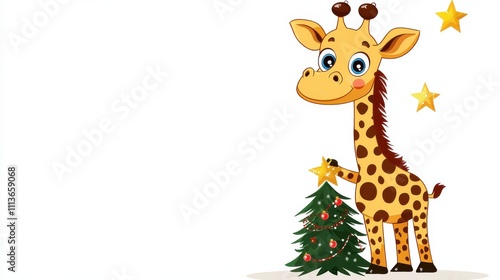 Cute Giraffe Celebrating Christmas with Decorated Tree and Star photo