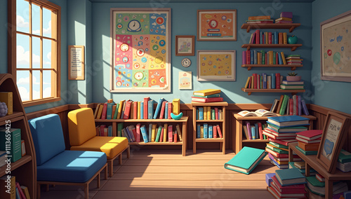 Wallpaper Mural A colorful children’s reading room filled with books, educational posters, and bright sunlight streaming through the windows creates a joyful learning space. Torontodigital.ca