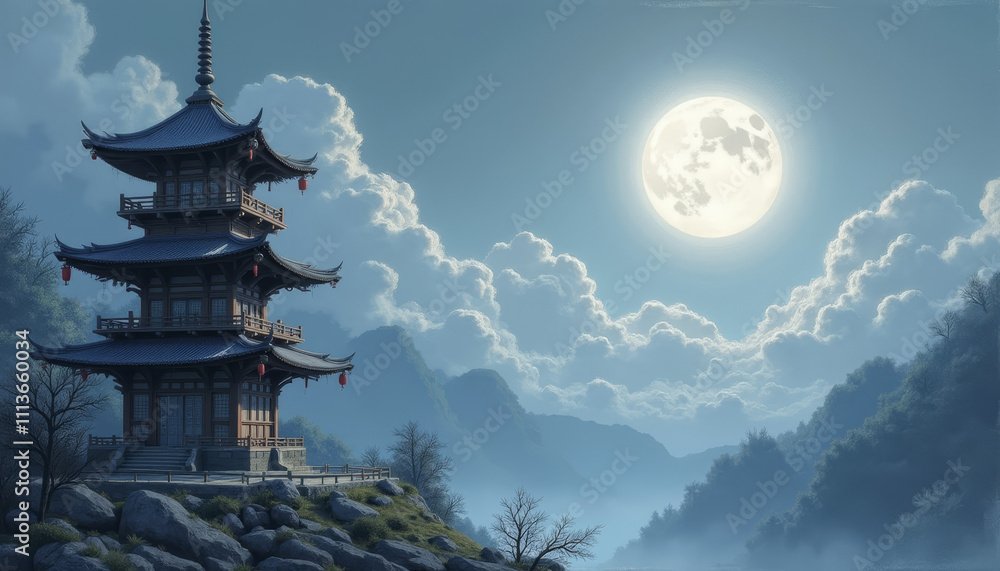 Obraz premium Pagoda under bright moonlight with dramatic clouds and serene landscape