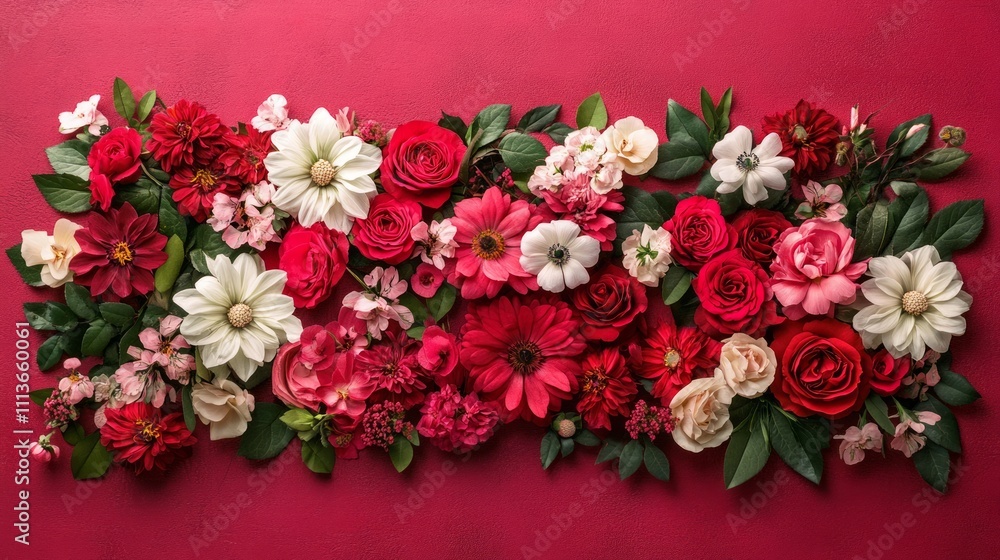 Flat lay of various red, pink, and white flowers arranged on a burgundy background. Flat lay of various red, pink, and white flowers arranged on a burgundy background.