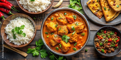 Spicy Indian chicken curry dishes served with rice and gravy