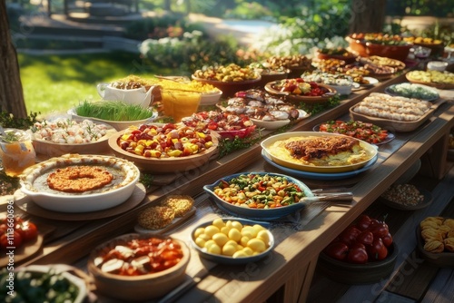 A vibrant outdoor buffet featuring a variety of colorful dishes, perfect for gatherings and celebrations.