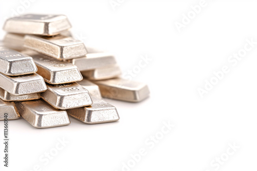 A detailed view of stacked silver bars elegantly arranged highlighting their shine and quality. On white background photo