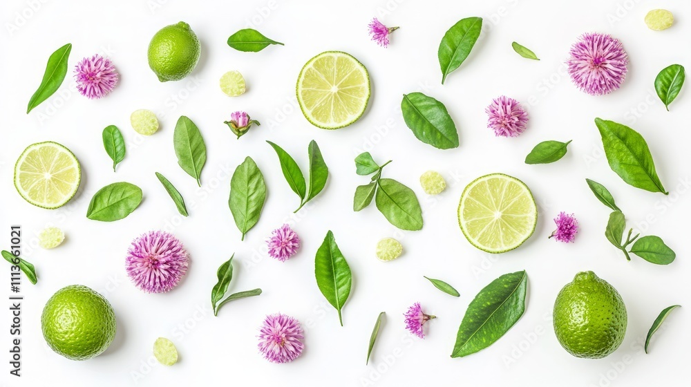 Fresh lime slices, leaves, and flowers on white background. Fresh lime slices, leaves, and flowers on white background.
