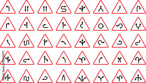 Triangular traffic road icon set warning prohibition and danger signs in addition to the hexagonal stop vector collection isolated on transparent background. Inform complicated crossing