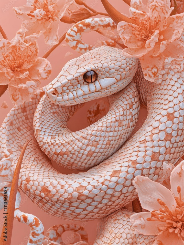 Fototapeta premium Vivid Snake Illustration with Orange Flowers