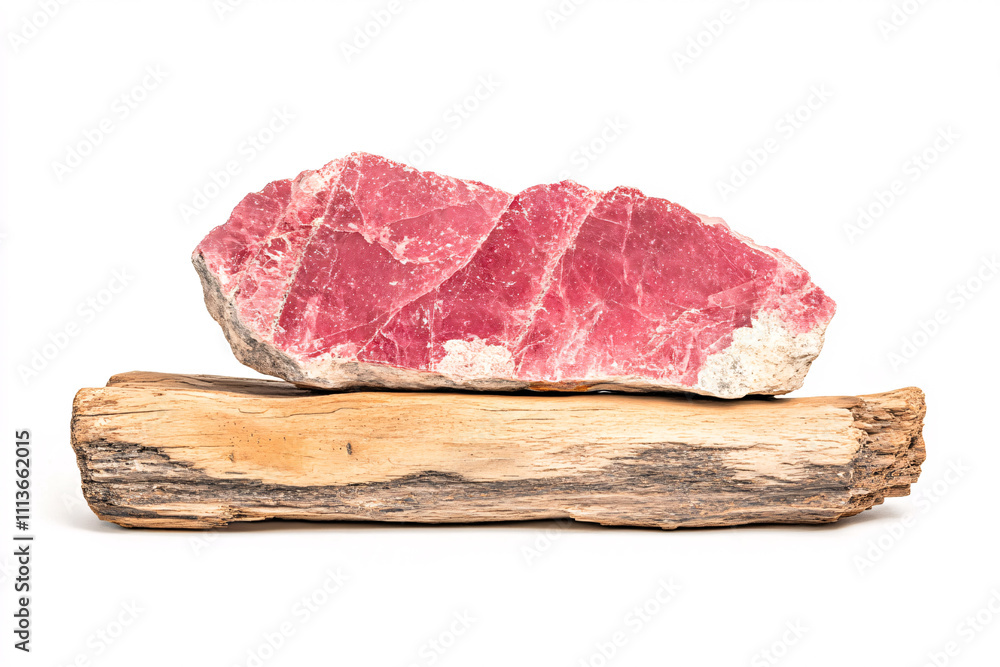 A stunning pink quartz crystal placed on weathered wood highlights nature's artistry. On white background A stunning pink quartz crystal placed on weathered wood highlights nature's artistry. On white background