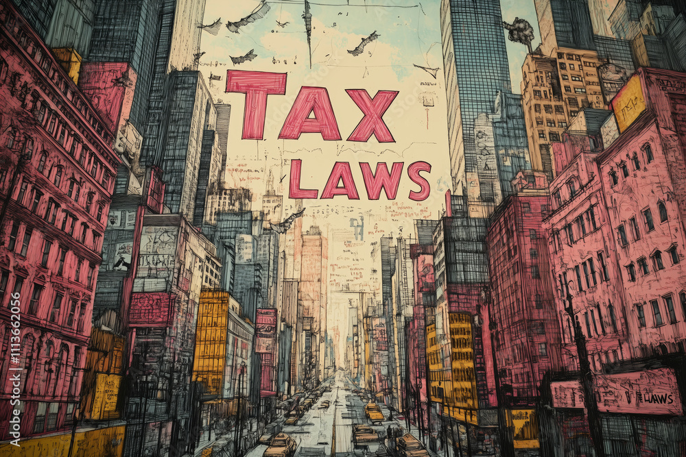 Fototapeta premium Creative mural depicting tax laws in a vibrant cityscape on a sunny day
