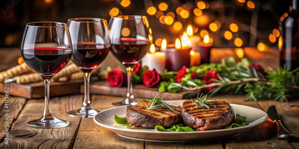 Romantic dinner setting for two with grilled steaks and glasses of red wine, steak, dinner, date night, romantic, wine Romantic dinner setting for two with grilled steaks and glasses of red wine, steak, dinner, date night, romantic, wine