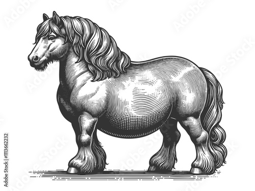 Fat chubby overweight body positive horse with a flowing mane, showcasing its strength and elegance in vintage style sketch engraving generative ai vector illustration. Scratch board. Black and white. photo