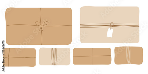 Vector flat gift box design with craft wrapping and white and brown bow isolated on white background.