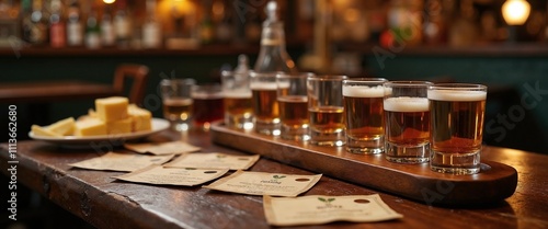 Beer tasting flight on wooden bar, craft brewery experience