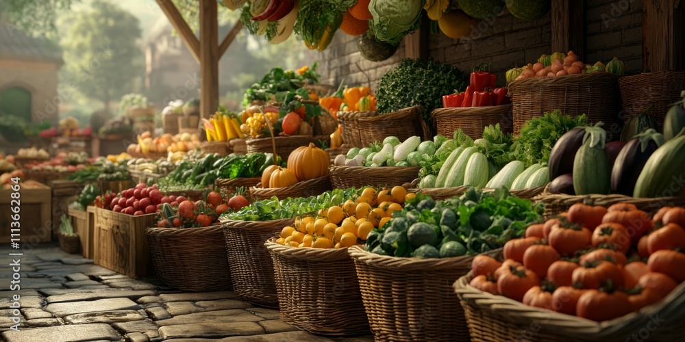 Vibrant Open-Air Market Scene with Fresh Produce and Colorful Vegetables Displayed in Baskets Surrounded by a Lush Green Landscape Vibrant Open-Air Market Scene with Fresh Produce and Colorful Vegetables Displayed in Baskets Surrounded by a Lush Green Landscape