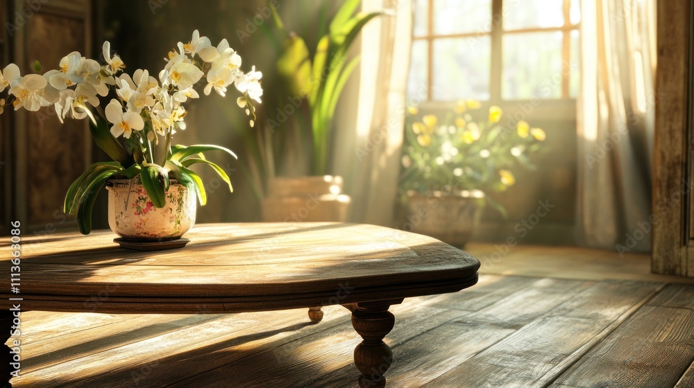 Sunlit Orchids on Wooden Table in Rustic Interior Sunlit Orchids on Wooden Table in Rustic Interior